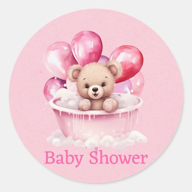 Sticker Rond Tubes en peluche rose et Baby shower fille en ball (Devant)