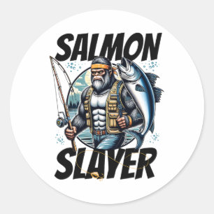 Sticker Rond Tueur de saumon drôle Bigfoot pêche saumon poisson