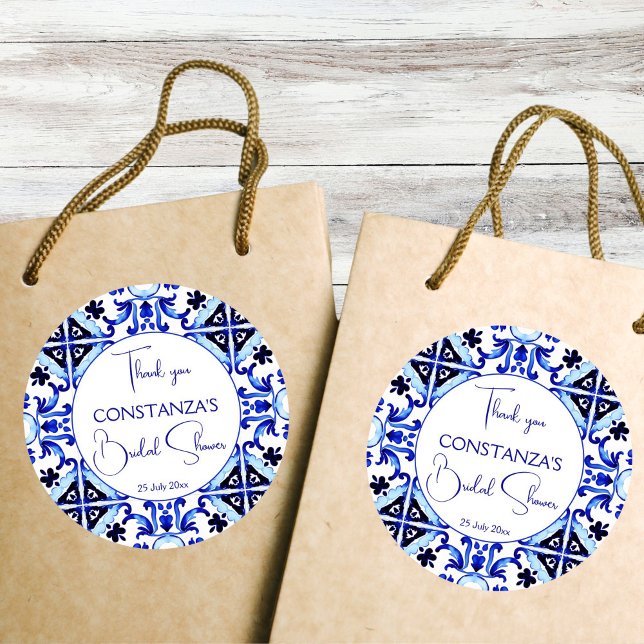 Sticker Rond Tuiles bleues de Talavera, cadeau de fête de maria (Talavera blue tiles Mediterranean vintage Mexican bridal shower thank you favor Sticker template )