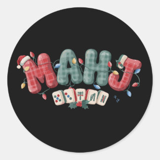 Sticker Rond Tuiles de joueur de Mahjong de Noël Plaid Lumières