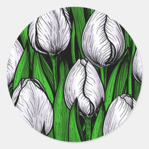 Sticker Rond Tulières blanches avec feuilles verts