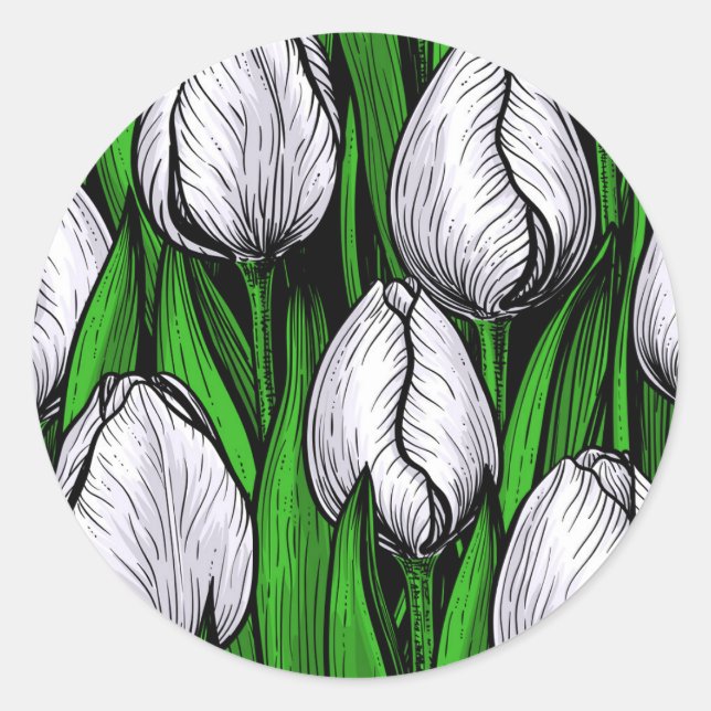 Sticker Rond Tulières blanches avec feuilles verts (Devant)