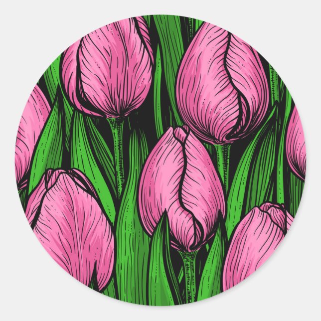Sticker Rond Tulières roses avec feuilles verts (Devant)