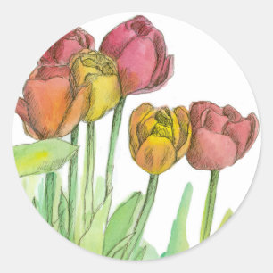 Sticker Rond Tulip Aquarelle Fleurs Saumon Rose Art Floral