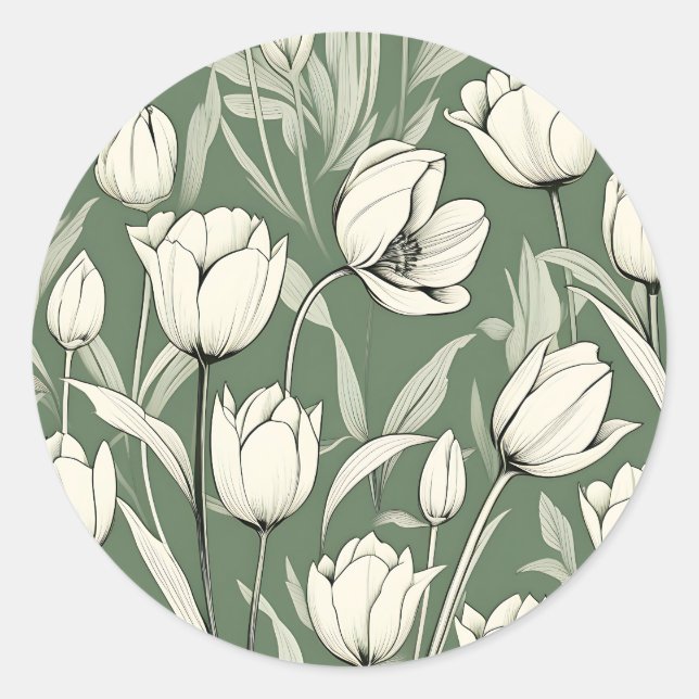 Sticker Rond Tulipe Botanique Sur Sage Green (Devant)