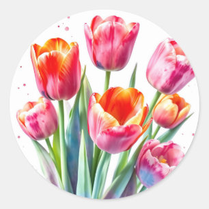 Sticker Rond Tulipes d'aquarelle avec arêtes blanches