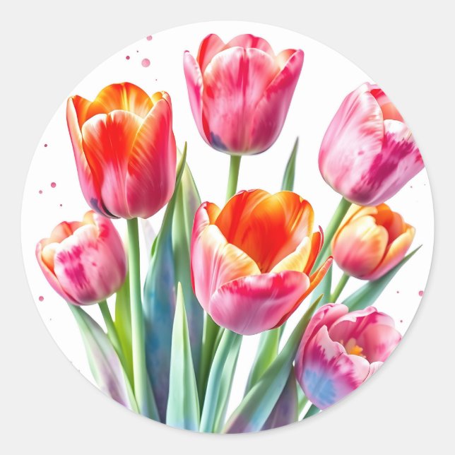 Sticker Rond Tulipes d'aquarelle avec arêtes blanches (Devant)