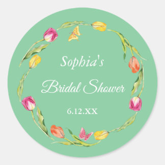 Sticker Rond Tulipes et papillons Fête des mariées verte