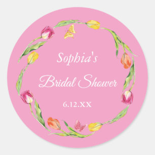 Sticker Rond Tulipes et Papillons Rose Baby Shower Mariage