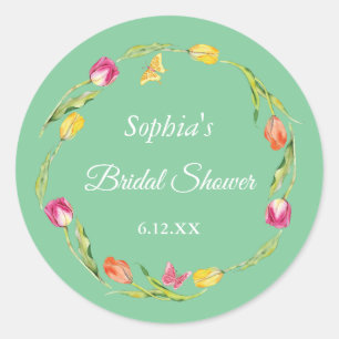 Sticker Rond Tulipes et Papillons Vert Baby Shower Mariage