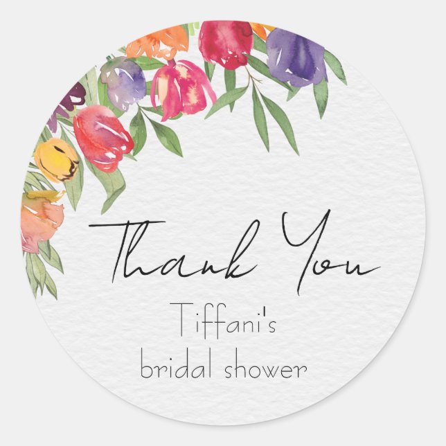 Sticker Rond Tulipes et verdure lumineuses Merci Baby Shower (Devant)