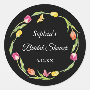 Sticker Rond Tulipes & Papillons Mariage Noir sous la pluie
