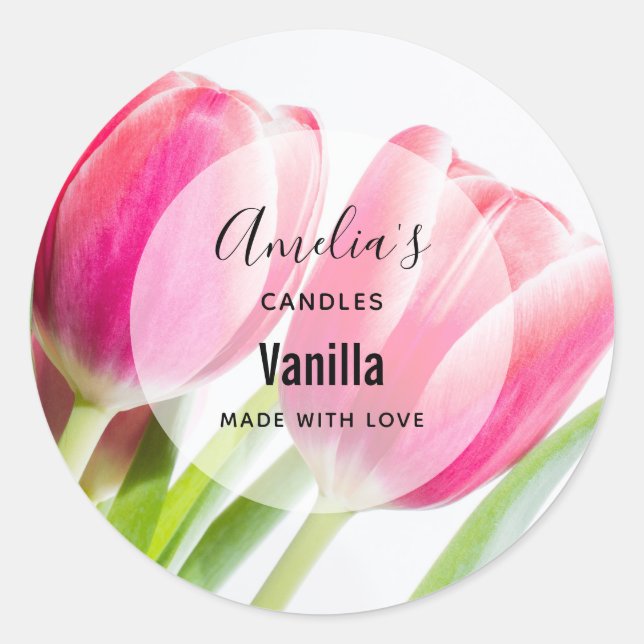 Sticker Rond Tulipes roses avec Feuilles verts - Bougies (Devant)