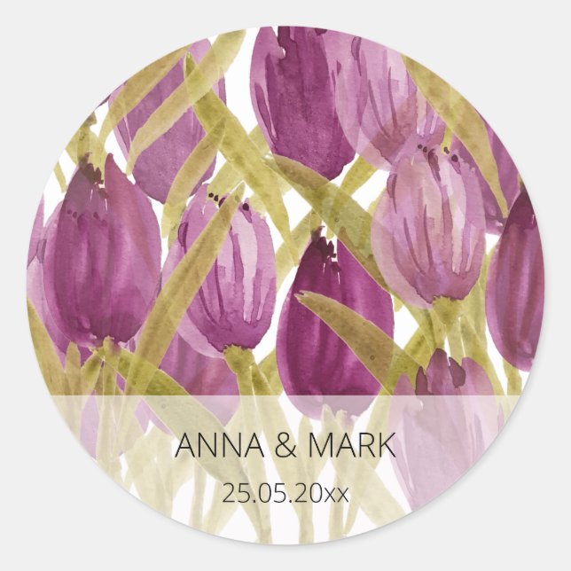 Sticker Rond Tulipes violettes artistiques Aquarelle Art (Devant)