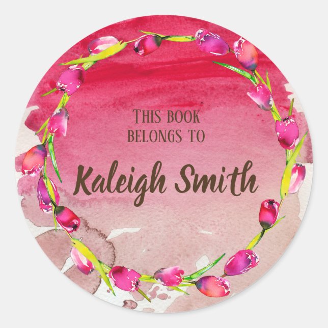 Sticker Rond Tulipes violettes roses sur Aquarelle rouge Nom du (Devant)