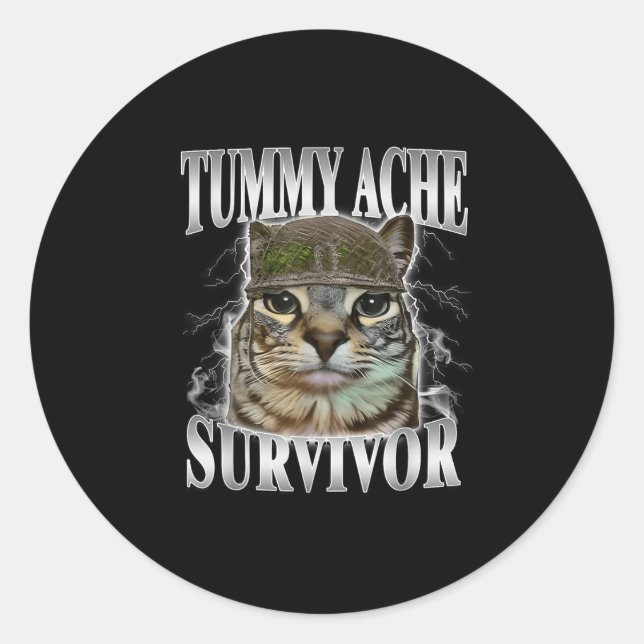 Sticker Rond Tummy Ache Survivor Funny Cat Meme  (Devant)