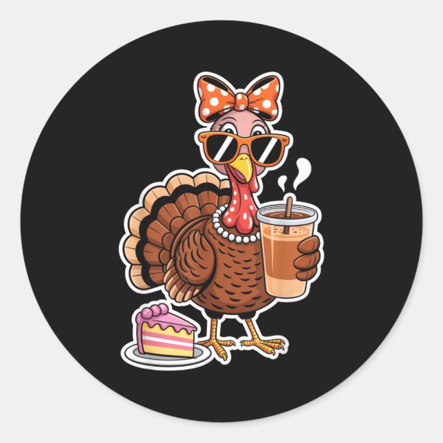 Sticker Rond Turkey Drinking Coffee Bow Thanksgiving Womens Tur (Devant)