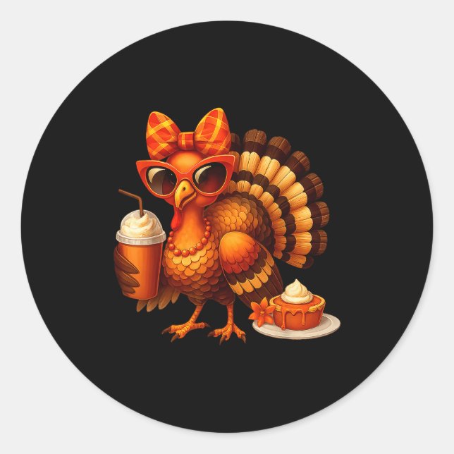 Sticker Rond Turkey Drinking Coffee Bow Thanksgiving Womens Tur (Devant)