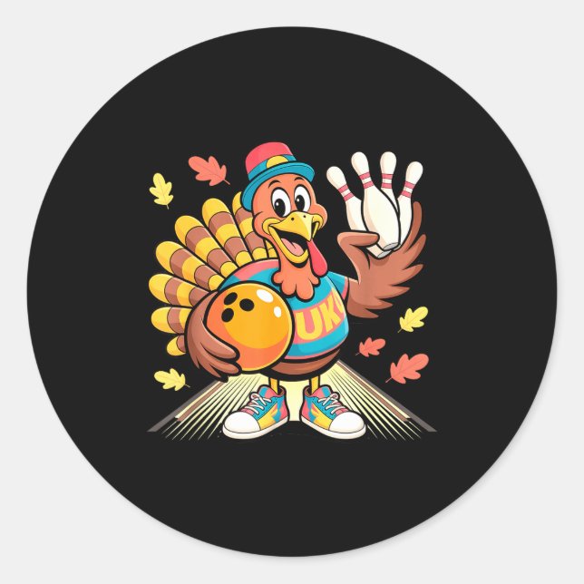 Sticker Rond Turkey Playing Bowling Thanksgiving Turkey Tail Bo (Devant)