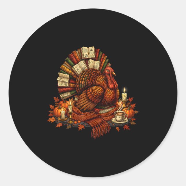 Sticker Rond Turkey Reading Books Fall Season Thanksgiving Teac (Devant)