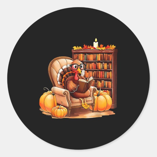 Sticker Rond Turkey Reading Books Fall Thanksgiving Teacher Boo (Devant)