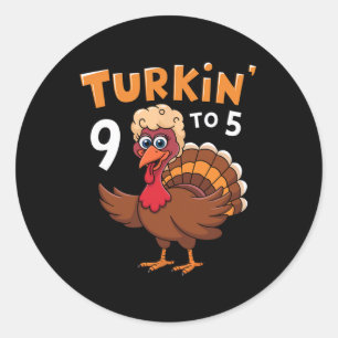 Sticker Rond Turkin' 9 à 5 Mignon Automne Occidental Thanksgivi