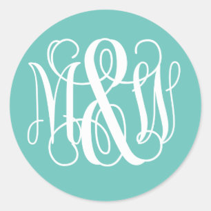 Sticker Rond Turq Blanc Monogramme Vigne Script B&G DIY BG