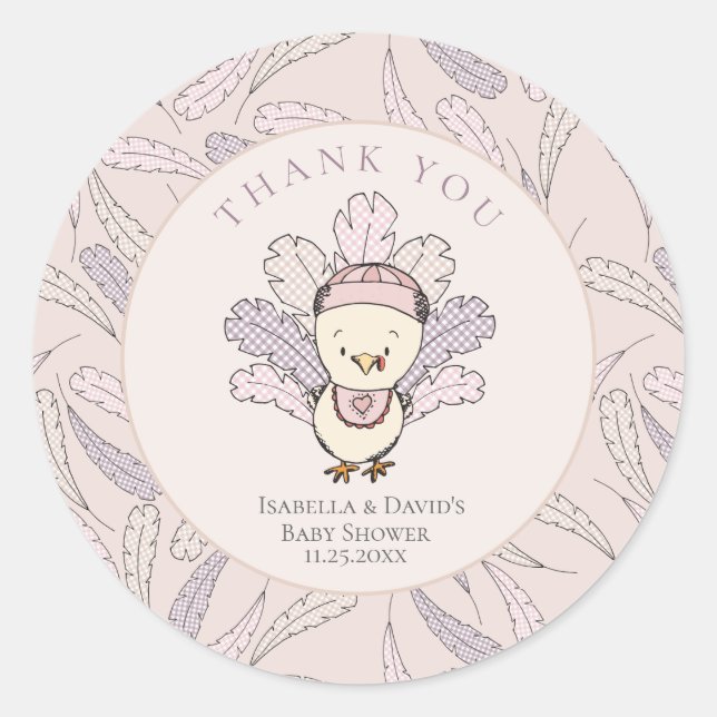 Sticker Rond Turquie & Plumes Chute Fille Baby shower Merci (Devant)
