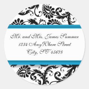 Sticker Rond Turquoise Aqua Blue Black Damask Adresse Mariage