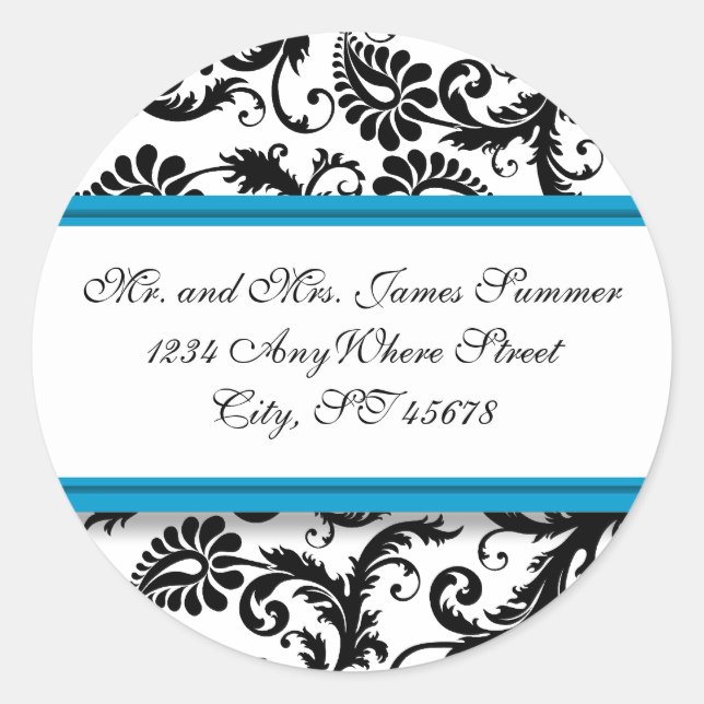 Sticker Rond Turquoise Aqua Blue Black Damask Adresse Mariage (Devant)