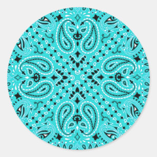 Sticker Rond Turquoise Aqua Paisley Western Bandana Scarf Print
