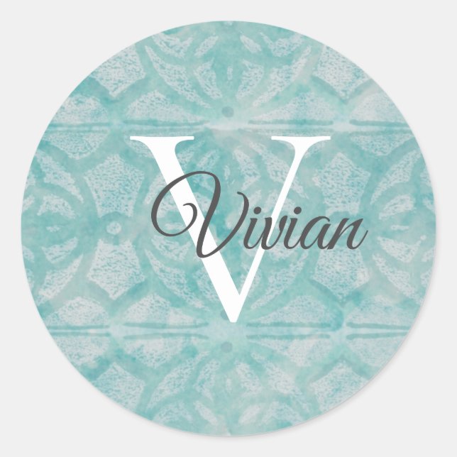 Sticker Rond Turquoise Avec Nom De Monogramme Blanc (Devant)