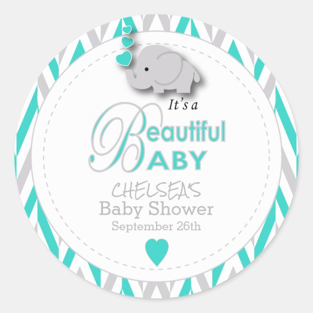 Sticker Rond Turquoise, Baby shower d'éléphant gris blanc (Devant)