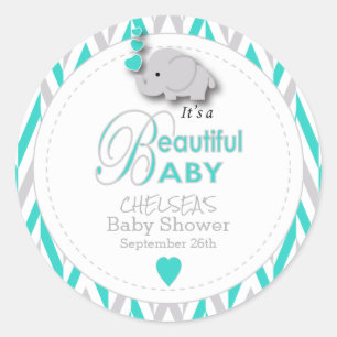 Sticker Rond Turquoise, Baby shower d'éléphant gris blanc