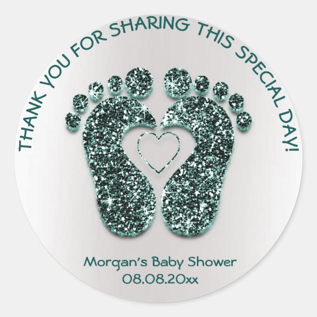 Sticker Rond Turquoise Baby shower pieds coeur Parties scintill (Devant)