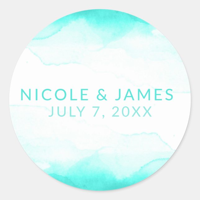 Sticker Rond Turquoise Beach Aqua Bleu Aquarelle Mariage modern (Devant)