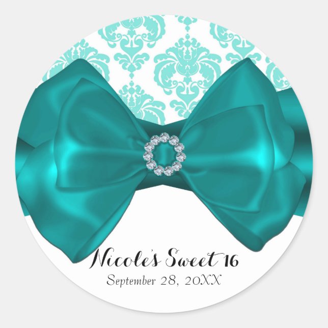 Sticker Rond Turquoise & blanc Damas Chic Bow Glam Sweet 16 Par (Devant)