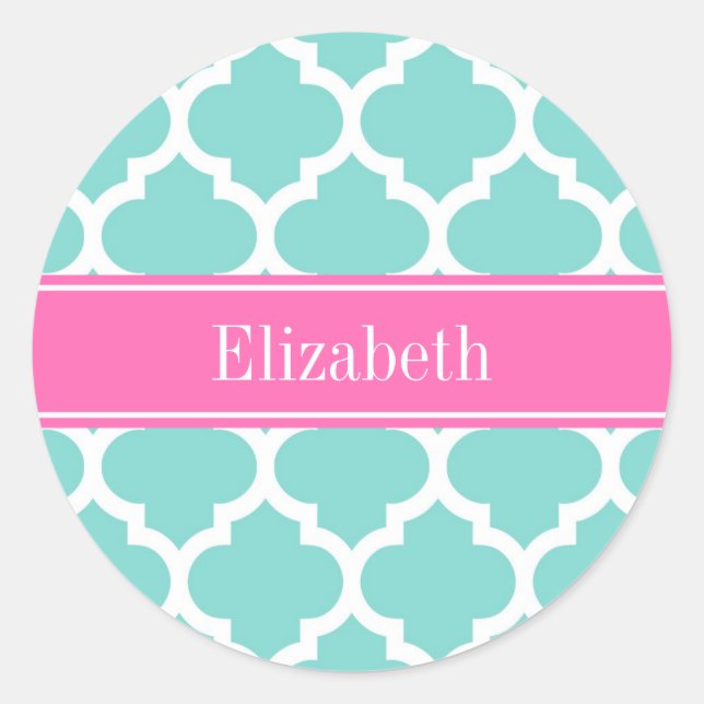 Sticker Rond Turquoise Blanc Marocain #5 Rose Chaud 2 Nom Monog (Devant)