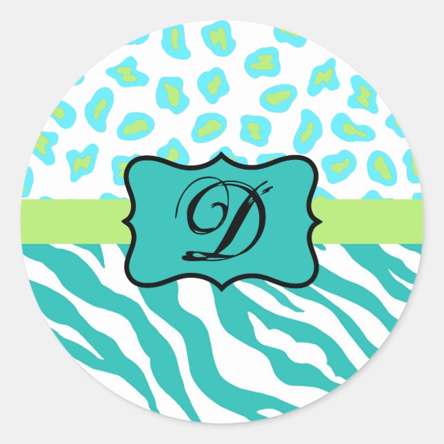 Sticker Rond Turquoise Blanc Vert Zèbre Léopard Monogramme de p (Devant)