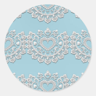 Sticker Rond Turquoise Bleu Blanc dentelle Coeur Mariage
