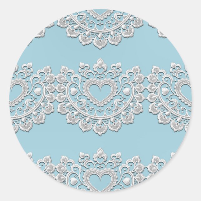 Sticker Rond Turquoise Bleu Blanc dentelle Coeur Mariage (Devant)