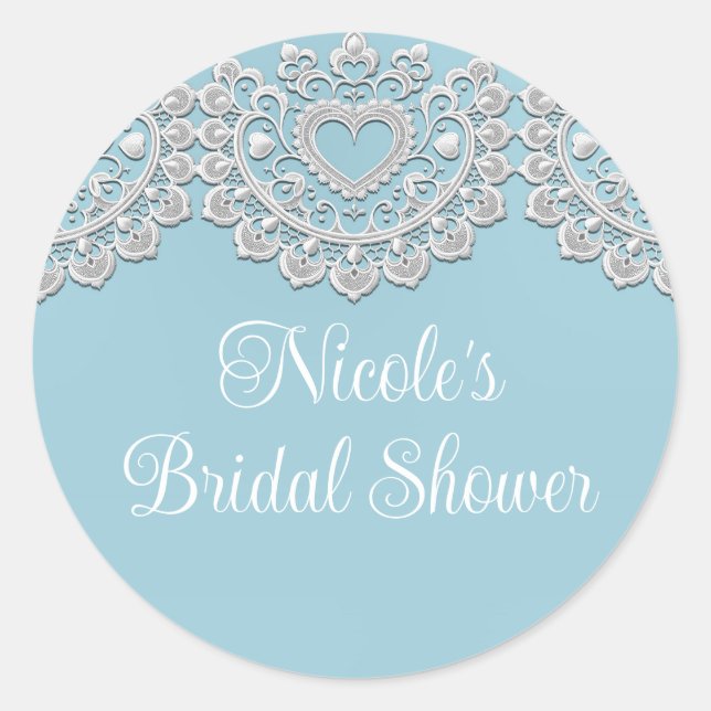 Sticker Rond Turquoise Bleu Blanc Dentelle Cœur Mariage Nuptial (Devant)