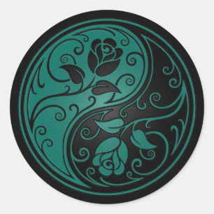 Sticker Rond Turquoise bleu et noir Yin Yang Roses
