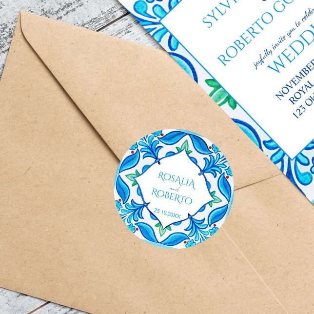 Sticker Rond Turquoise bleu mexicain Talavera nom de mariée et  (Teal blue Mexican Talavera wedding bride and groom names Sticker monogrammed envelope stickers)