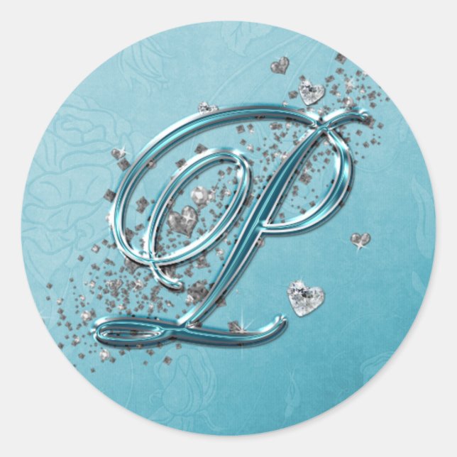 Sticker Rond Turquoise Bleu Parties scintillant Argent Script T (Devant)