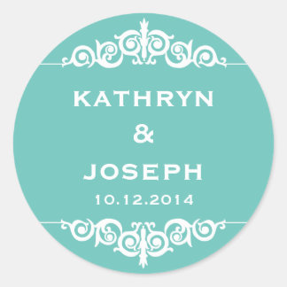 Sticker Rond Turquoise bleu romantique élégant scroll mariage f