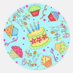 Sticker Rond Turquoise Blue Cupcakes and Cake Joyeux anniversai