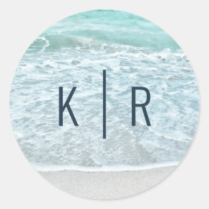 Sticker Rond Turquoise Blue Ocean Sandy Beach Monogram Mariage