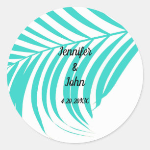 Sticker Rond Turquoise Blue Tropical Palm Tree Leaf Mariage nau