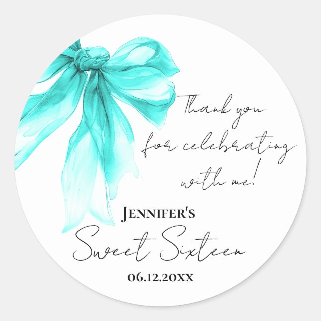Sticker Rond Turquoise Bow Coquette Script Sweet 16 Thank You  (Devant)